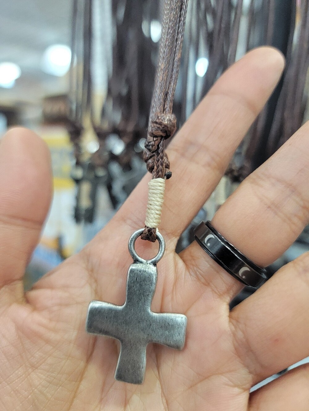 Brown Cord Cross Pendant Necklace - Unbranded
